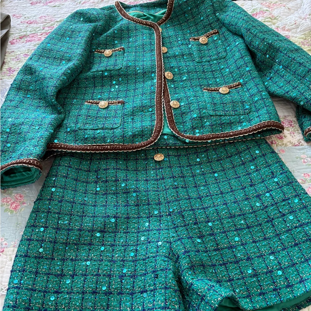 Green Tweed Jacket and Shorts Set